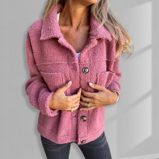 Winter Women Jacket with Double Pockets Thick Fleece Button Closure Cardigan Long Sleeves