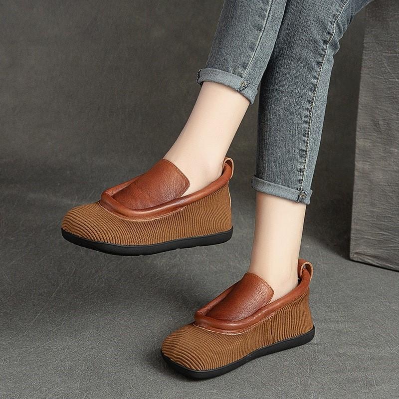 Johnature Retro Round Toe Flats Lightweight And Versatile Genuine Leather Splicing Women's Slip-on Shoes