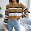 Women Autumn Winter O Neck Long Sleeve Striped Crop Loose Knit Pullover