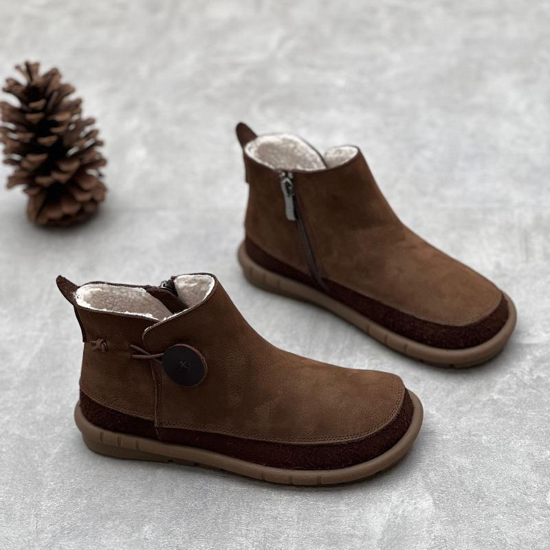 Johnature Retro Women Flat Short Boots Genuine Leather Shoes Handmade Round Toe Solid Color Ankle Boots