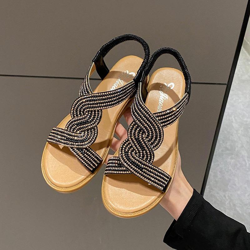 Women Fashion Sandals 2024 New Round Toe High Heels Slippers Beach Soft Sole Shoes Trend Diamond Decoration Slip-on Ladies Shoes