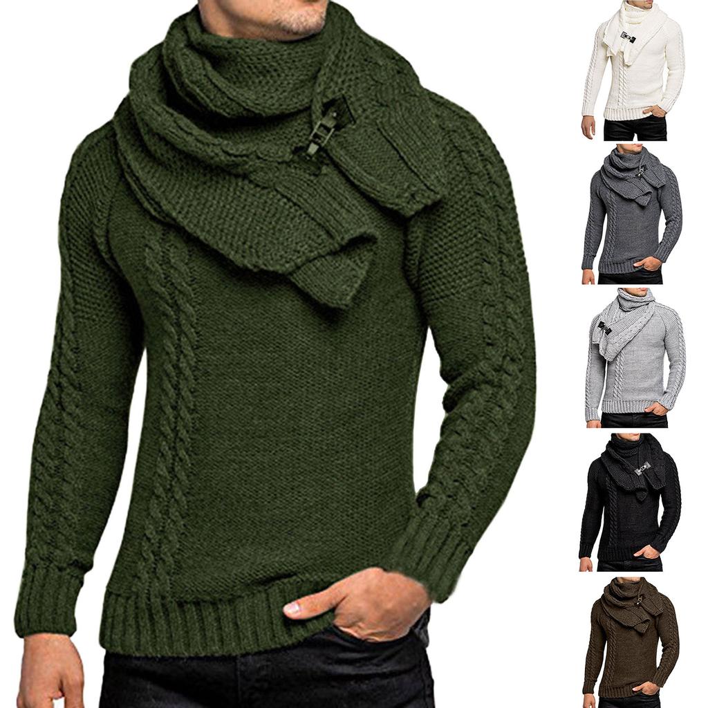 Men's Winter Casual Neck Wrap Head Long Sleeve Sweater In Solid Color