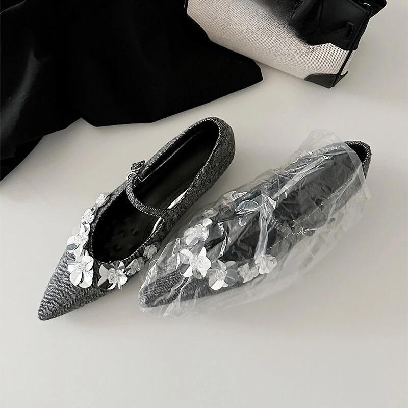 Fashion New Pointed Toe Sequin Flower Mary Jane Women's Shoes One Buckle Strap Shallow Mouth Inside Heighten Soft Sole Flat Single Shoes