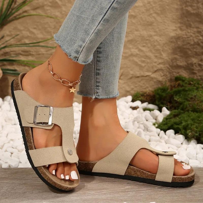 2024 New Fashion Versatile Solid Color Buckle Women's Slippers Open Toe Beach Comfortable Flat Heel Shallow Mouth Women's Shoes