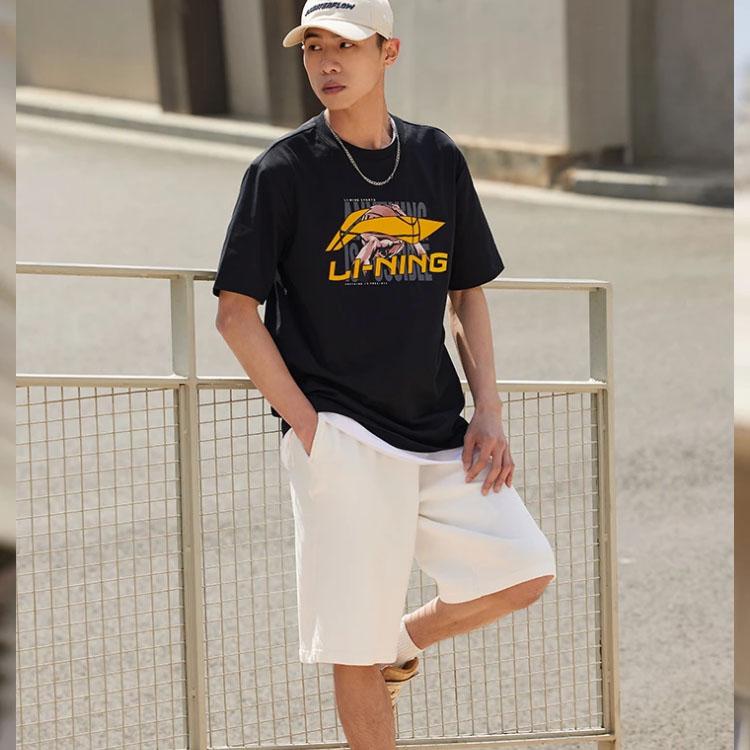 Li-Ning Basketball Print Crew Neck Short Sleeve T-Shirt Men Tops Black AHST595-1