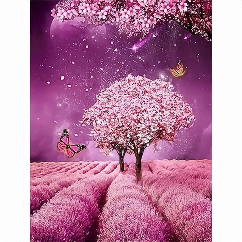 Full Round Diamond Painting Pink Tree Butterfly Diy Embroidery Landscape Cross Stitch Painting Picture Rhinestone Home Decor Art 30x40cm