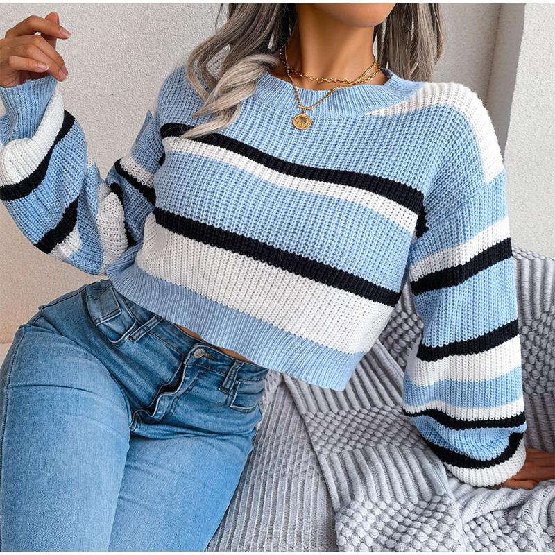 Women Autumn Winter O Neck Long Sleeve Striped Crop Loose Knit Pullover