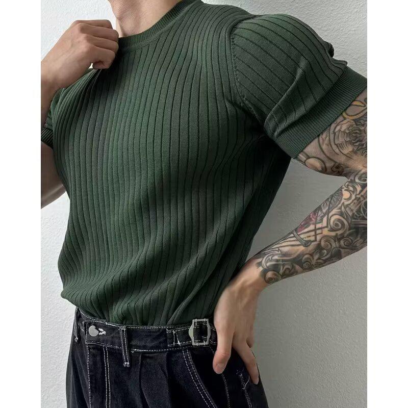 Men's Summer Korean Style Slim Fit Knitted Polo Shirt - Short-Sleeve, Solid Color, Ice Silk, Turn-Down Collar