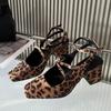 Fashion Mary Jane Shoes Women Retro Elegance Chunky Slingback Shoes Belt Buckle Leopard Print High Heeled Sandals Women