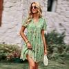 Floral Dress Women Spring Autumn V Neck Short Sleeve Loose Chic Printed