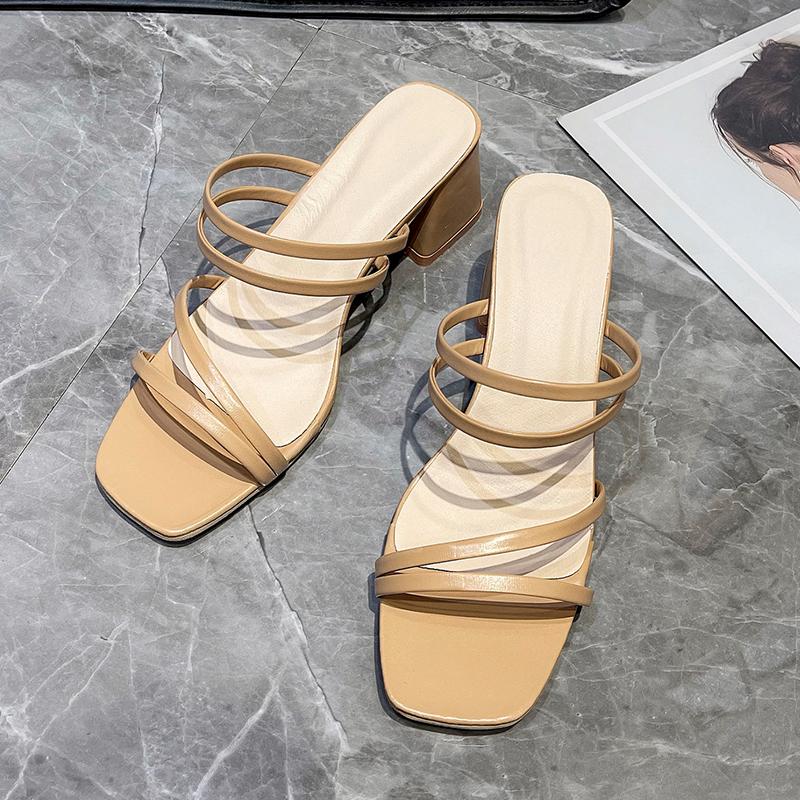 Women Sandals Ladies Square Heels Elegant Summer Slippers Outside Cross Tied Leather Female Slides Fashion Woman Sandals
