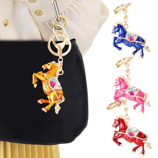 Keychain Pendant Chinese Zodiac Enamel Horse Rhinestones Inlaid Key Chain Metal Charm Bags Keyring Backpack Car Accessories