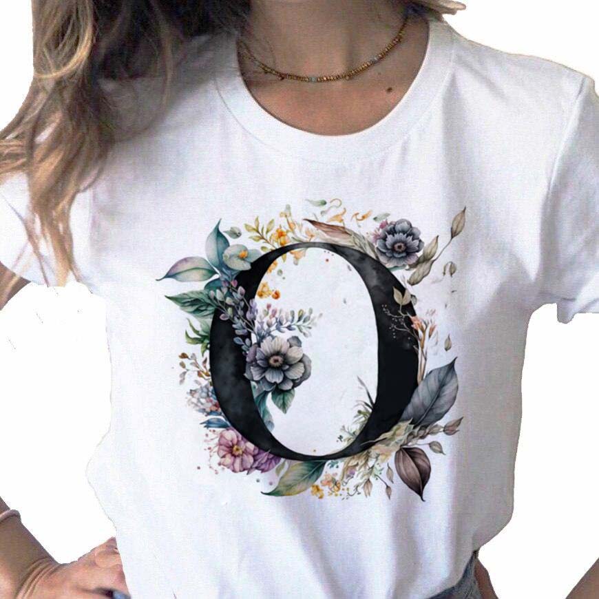 New Women T Shirt Custom Name Letter Combination Print Tshirt Flower Letter Font A B C D E F G Short Sleeve Female Tees Tops