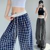 Lazy Women's Floor Trousers Retro Plaid Wide-leg Pants Casual Blue High Waist Loose Chic Korean Sub-summer