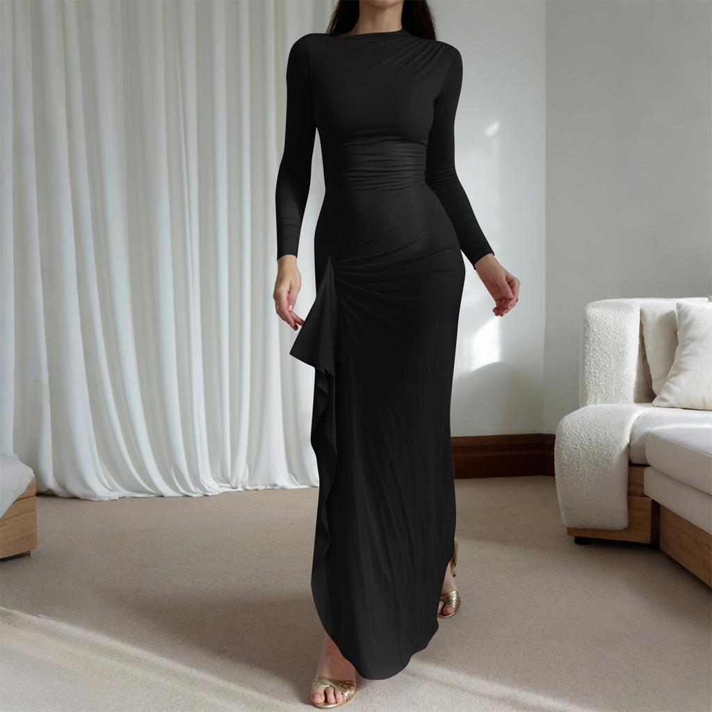Women's Casual Fashion Long Sleeve Solid Color Slim Waist Dress