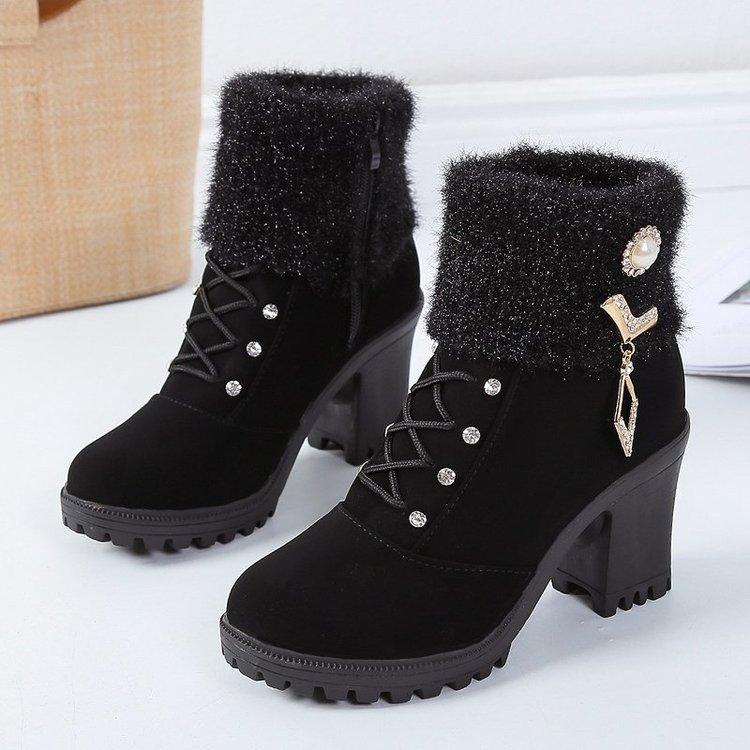 Fashion Women's Chunky Heeled Ankle Boots Autumn Fashion Rhindiamonds Solid Color High Heels Shoes Female Lace Up Platform Short Booties