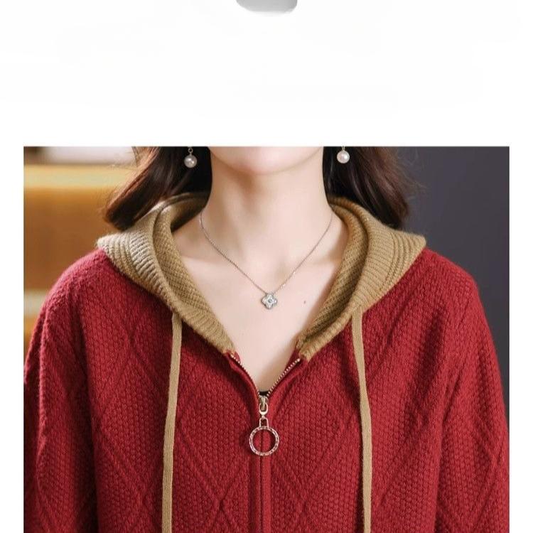Women's Sweater Knitted Cardigan Stylish Color Blocked Short Hooded Sweater Zipper Sweater Jacket