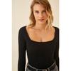 Women's Black Square Neck Corded Knitted Blouse Gt00052