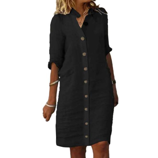 Women Summer Midi Dress Lapel Half Sleeve Solid Color Single-breasted Soft Breathable Buttons Lady Knee Length Dress
