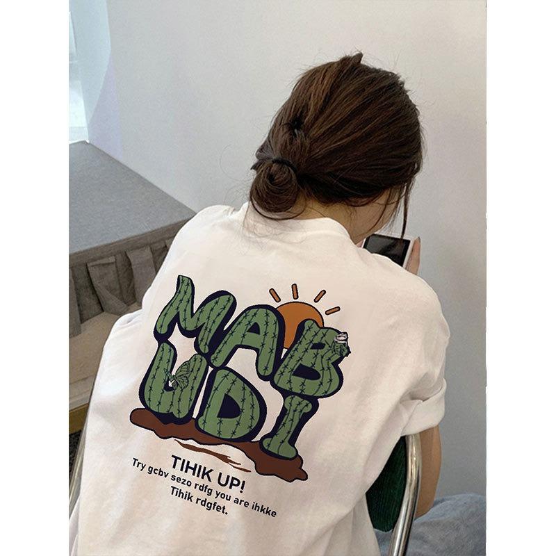 Women's Summer Loose Casual Printed T-shirt Lettering Short Sleeved Shirt Off Shoulder