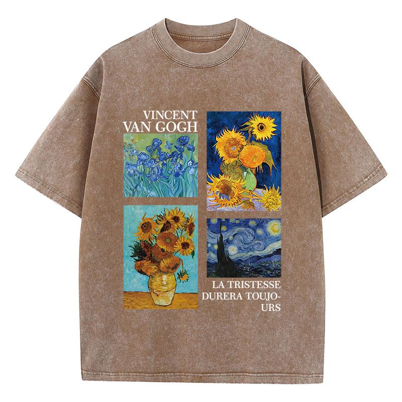 Cotton Women Acid Wash T-Shirts Van Gogh La Tristesse Durera Toujours Prints Tees Oversize O-Neck Distressed Tops