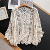 2024 T-Shirt Women Knitting Lace Vest O-Neck Hollow Summer Style Long Sleeve Basic White Tops Tees Loose Clothing Bei