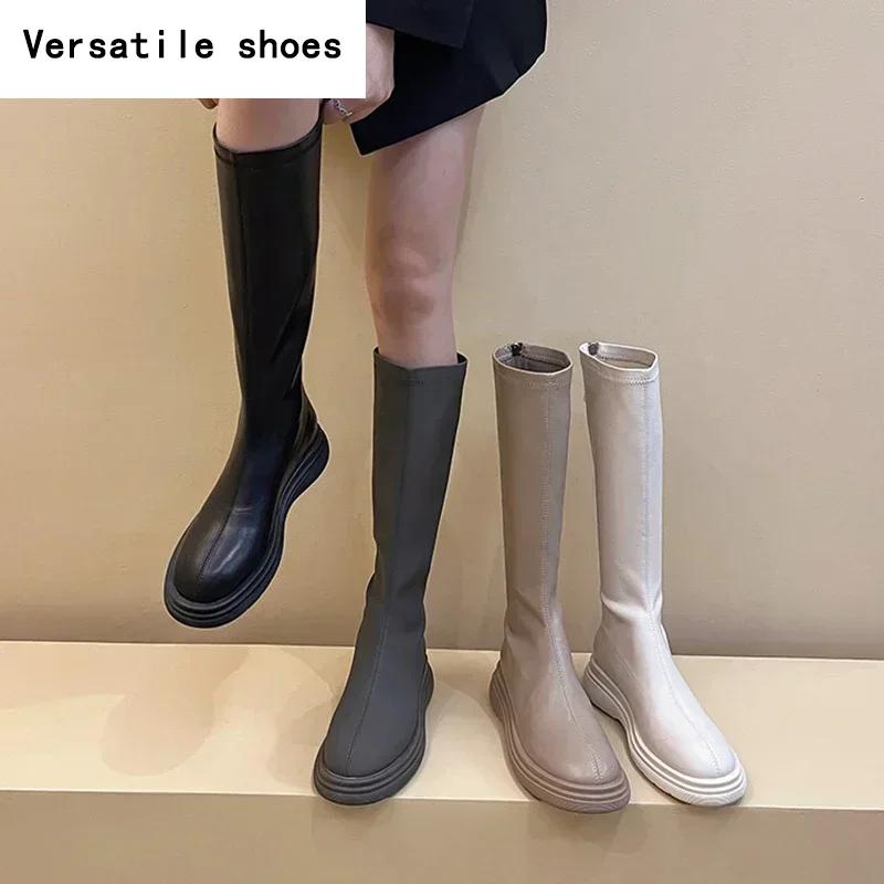 Winter Cotton Women's High Boots Fashion Soft Leather Back Zippers Long Botas Ladies Comfort Short Plush Knee High Booties