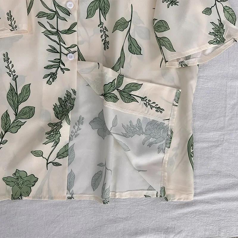 Leaf Printed Blouses Women Turn Down Collar Short Sleeve Elegant Shirts Casual Office Button Vintage Tops Autumn Blusas