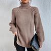 2023 Autumn/Winter Soft Knitwear Fashion Raglan Long Sleeve Turtleneck Split Sweater Casual Warm Solid Mid-length Pullover 29572