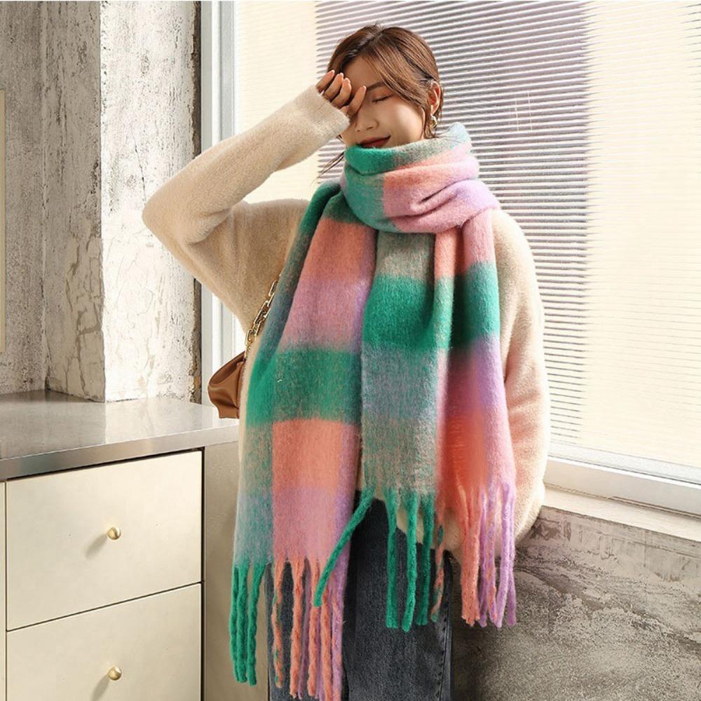 Versatile Four Color Cashmere Scarf Long Tassel Rainbow Winter Plaid Shawl Gradient Tie Dye Scarf