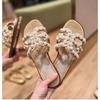 ~ Sheepskin Version Yu Shuxin H Pearl One-word Slippers for Women Wearing Flat Sandals Beach Vacation Shoes for Women