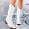 Women's Embroidered Mid-Calf Western Boots Wide Calf Cowgirl Boots Pointed Toe Chunky Heel Cowboy Boots for Women Pull On Low Block Heels Booties