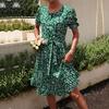 Women Summer Green Floral Print Pleated Dress Short Sleeve O Neck Lace Up