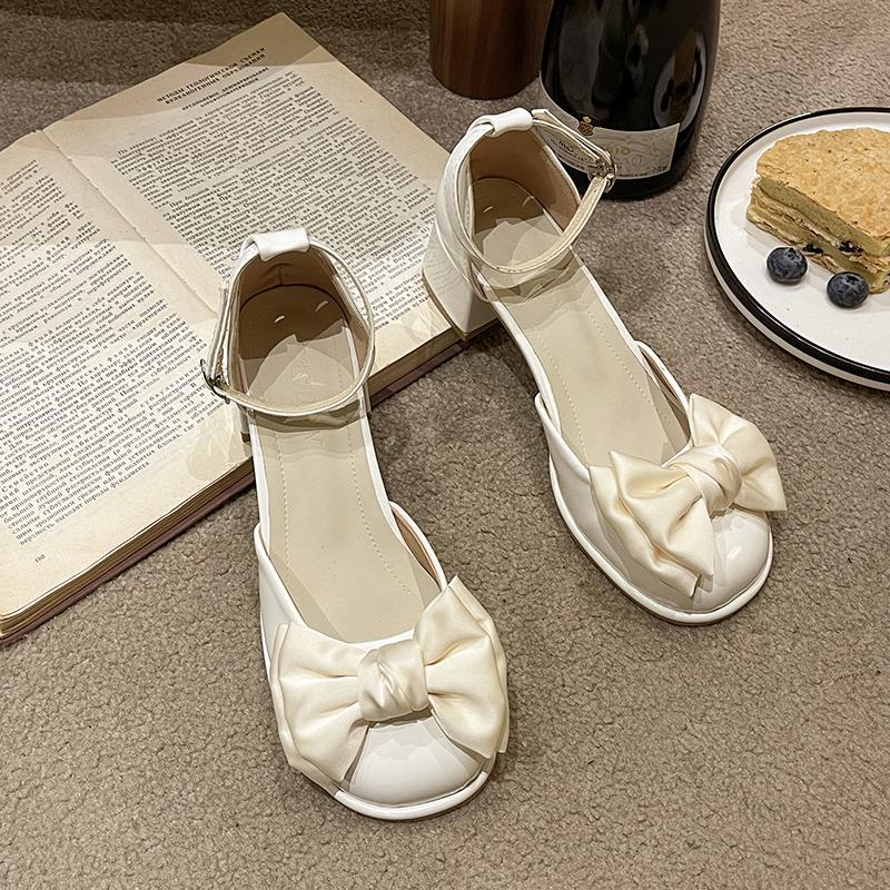 Fashion Women's Fashion Single Shoes Autumn New Round Head Shallow Mouth Butterfly Knot Line with Thick Heel Shoes