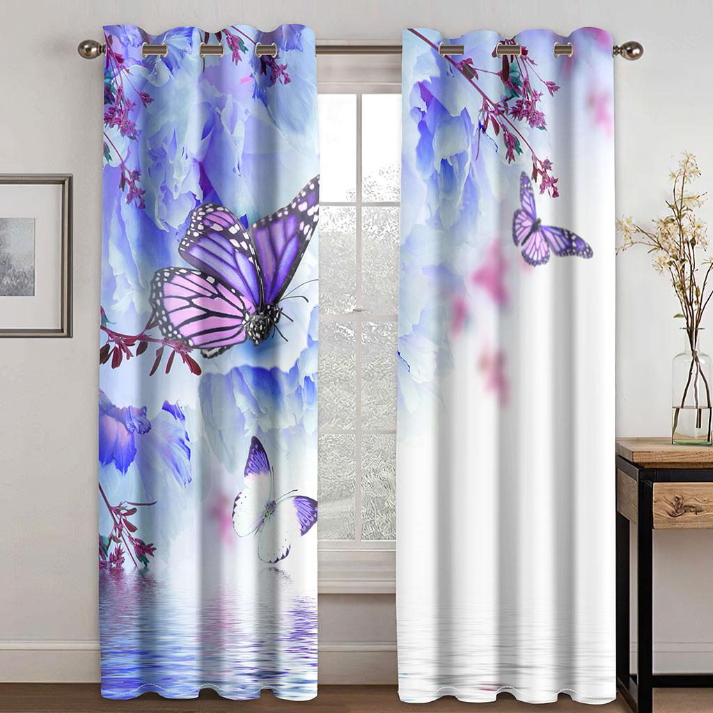 Blue Curtains for Living Room Luxury Butterfly Blackout Window Curtain for Bedroom Semi-Shading 2 Pieces Set Room Cortina Custom