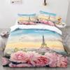 Paris Eiffel Tower Themed Couple Duvet Cover Set Cityscape Comforter Cover Romantic Polyester Bedspread Cover Pink Floral King
