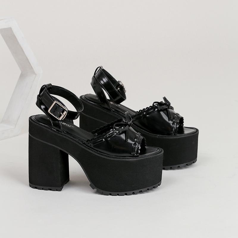 Gdgydh Platform Heels for Women Patent Leather Goth Platform Sandals Womens Chunky Heel Open Toe Ankle Strap Fashion Bowknot