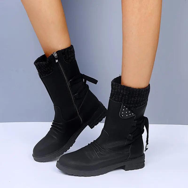 Fashion Women Retro Warm Woolen Boots Winter Fashion Lace Up Platform Causal Cotten Shoes Fluffy Plush Suede Anti-cold Short Snow Boots