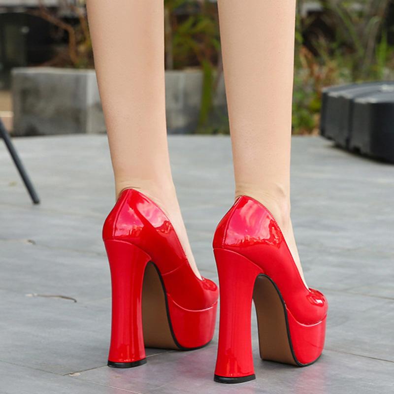 Women's Chunky High Heels Round Toe Pumps 14cm Heel 4cm Platform WZ