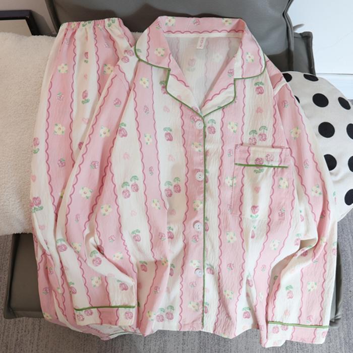 Женская пижама осень-весна с длинным рукавом, мягкий комплект для сна с вишневым цветочным рисунком, пижама для женщин, домашний комплект для сна, кардиган