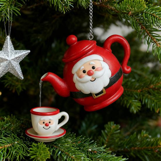 Christmas Teapot Ornament Holly Vintage Tea Cups And Pot Set Xmas Tree Hanging Ornaments 2D Acrylic Teapot Decor with Pouring Tea Effect