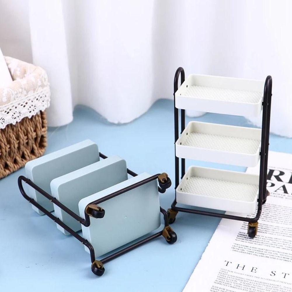 With Wheel 1:12 Dollhouse Trolley Plastic Storage Shelf Model Kitchen Furniture Accessories