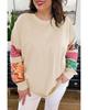 Beige Plus Size Printed Patchwork Sleeve Split Sweatshirt