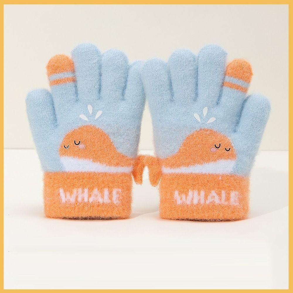 Cute Whale Winter Knitted Gloves Warm Plush Kids Gloves Cartoon Five-finger Gloves  Outdoor