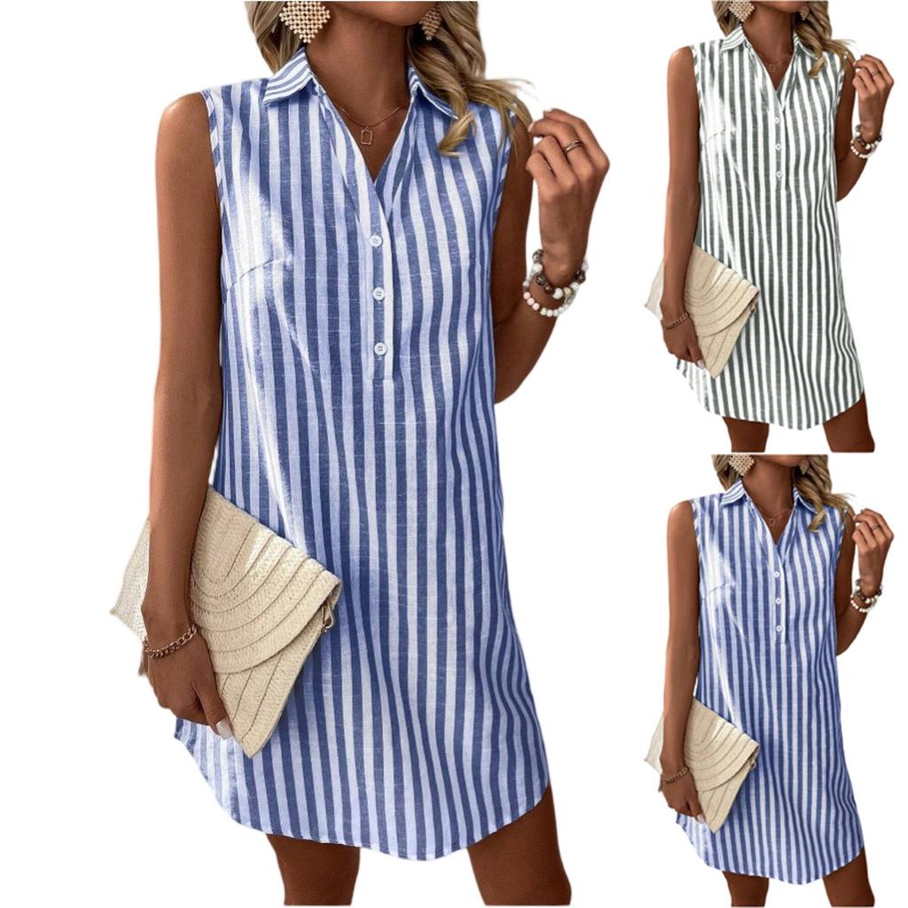 Women's Fashion Striped Sleeveless V-neck Button Loose Shirt Dress