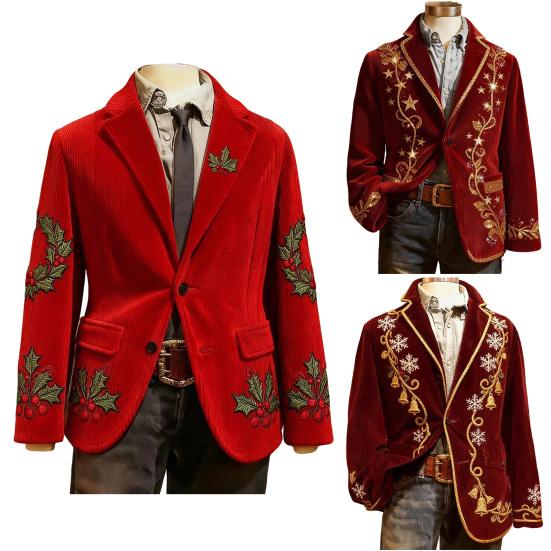 Men Corduroy Suit Coat Single-Breasted Suit Jacket Lapel Long Sleeve 3D Christmas Themed Print Slim Fit Suit Jacket Formal Stage Wear