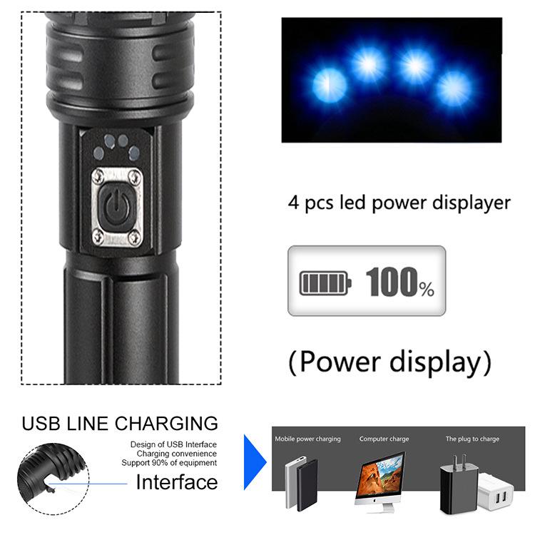 Super Bright P70 Strong Light Flashlight Aluminum 5 Levels Alloy Long-range Waterproof 5V USB Rechargeable Outdoor Flashlight