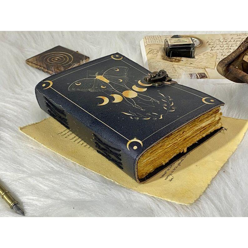 Blank Spell Book of Shadows Handmade Luna Moth Sun and Moon Vintage Journal Junk Journal Gifts for Men and Women