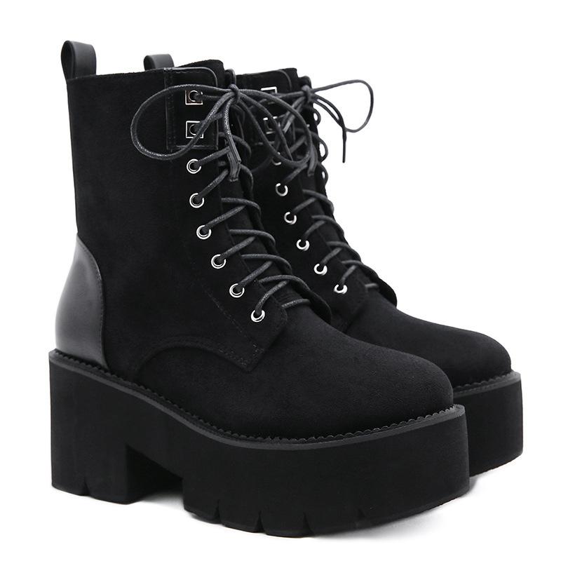 Side Zipper Martin Boots Thick-soled Front Lace-Up Women's Boots Suede Plain Board Shoes