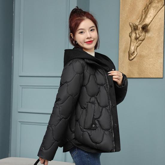 Women Winter Coat Fake Two-piece Zipper Button Closure Padded Hooded Turn-down Collar